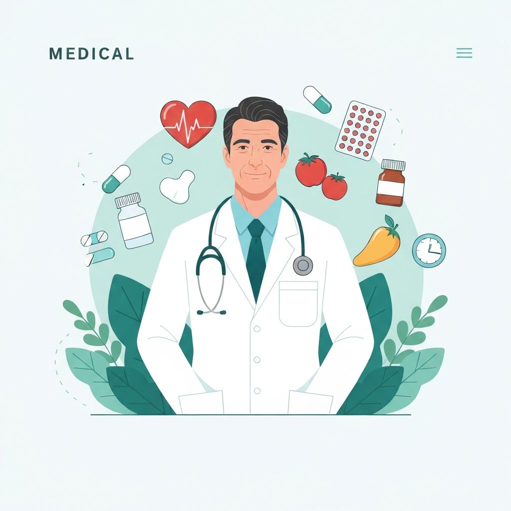 Healthcare illustration showing a doctor with medical equipment and health symbols