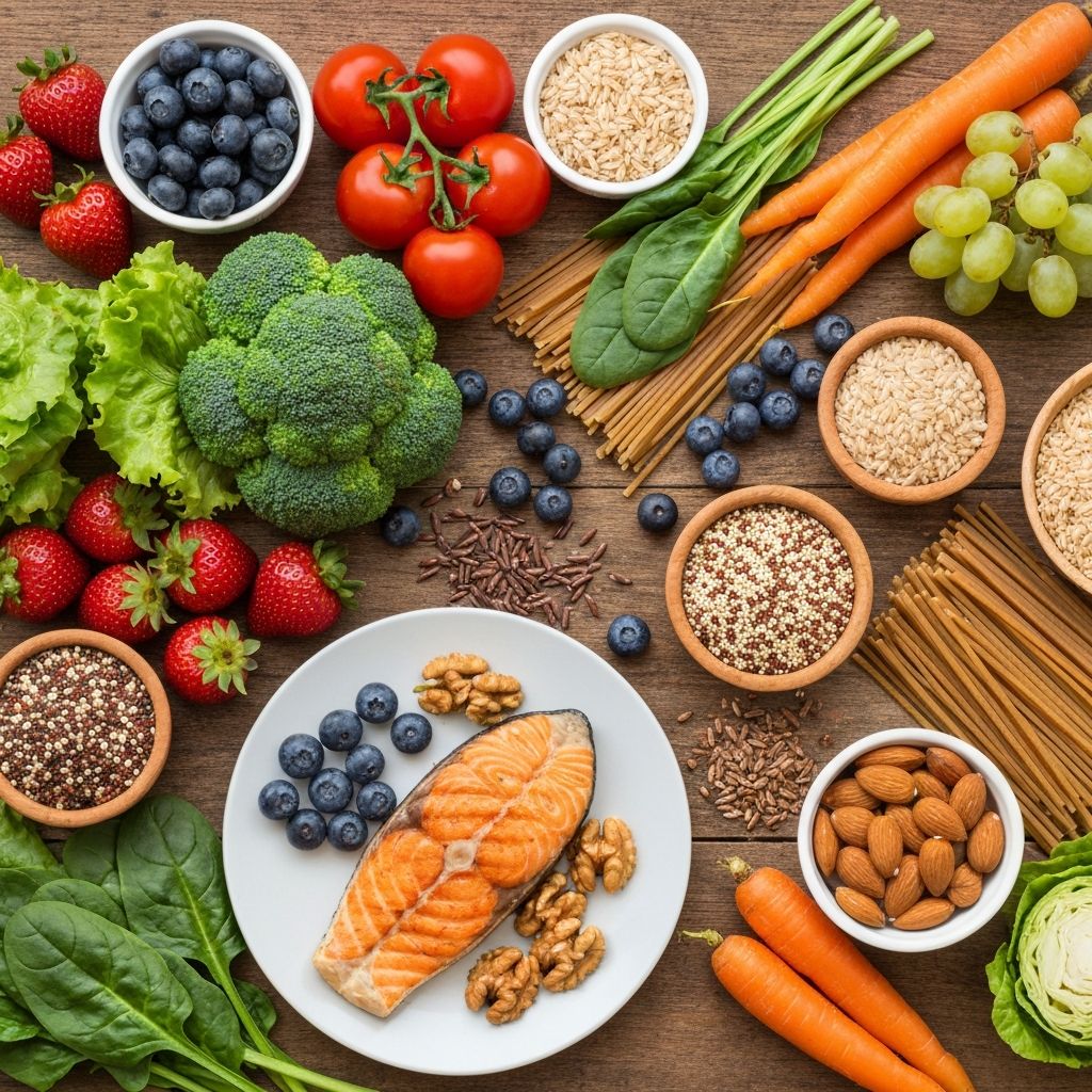 Colorful healthy foods representing balanced nutrition and Mediterranean diet